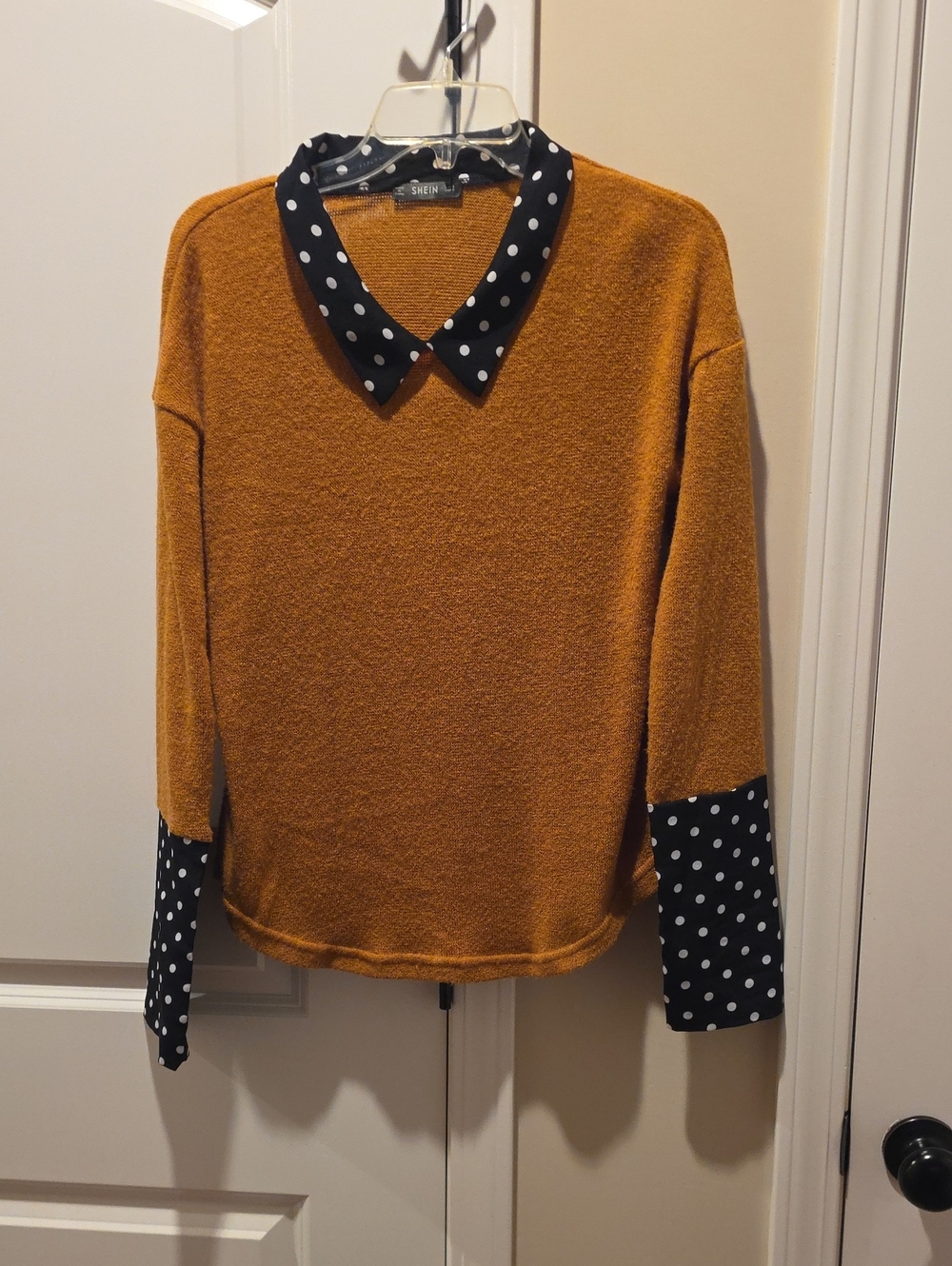 SHEIN Mustard Crewneck Sweater with Black Polka Dot Collar & Cuffs